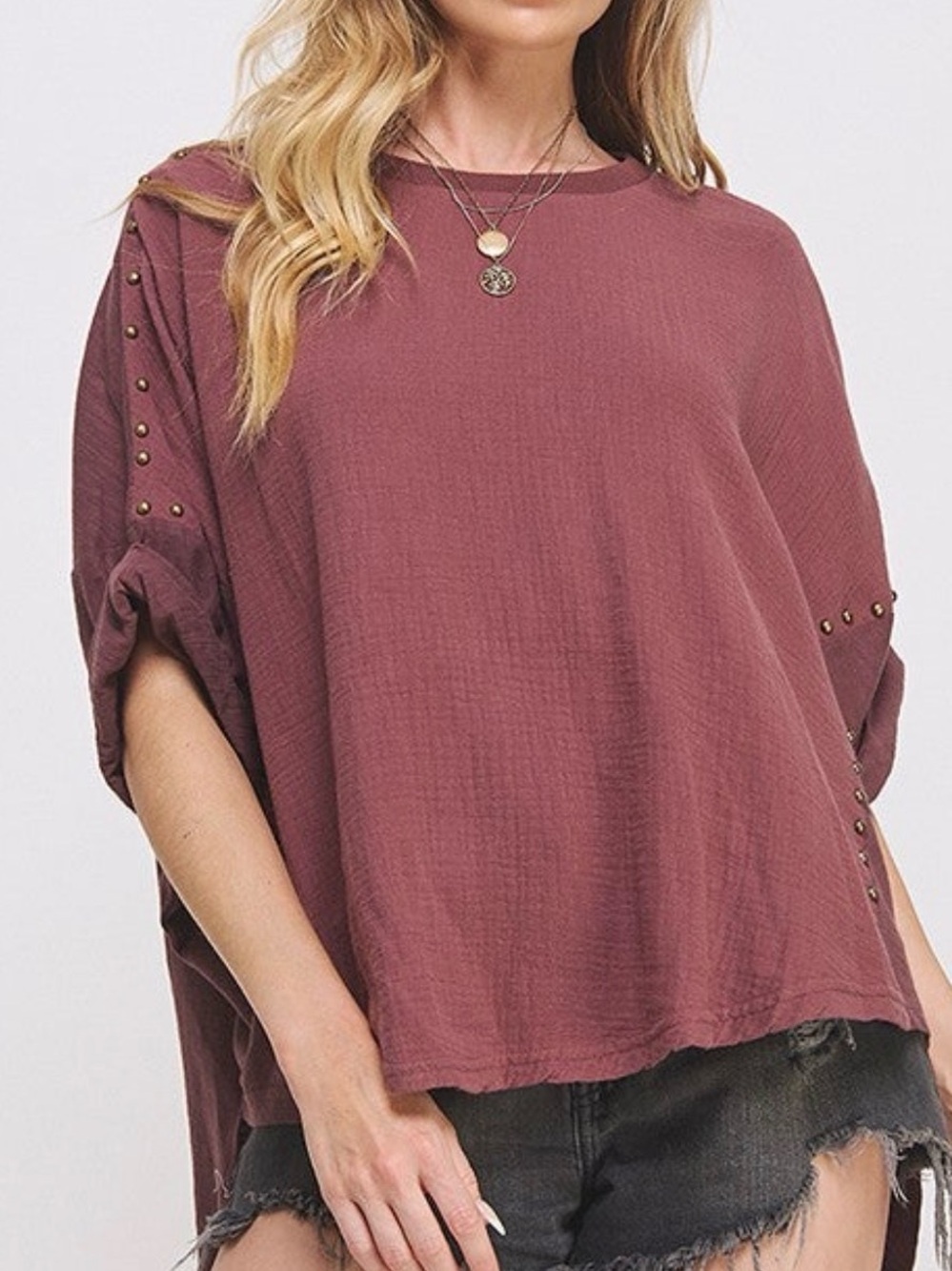 Oversized Beaded Stud-Trim Embellished Gauze Tunic Poncho Style Top Large 10-12